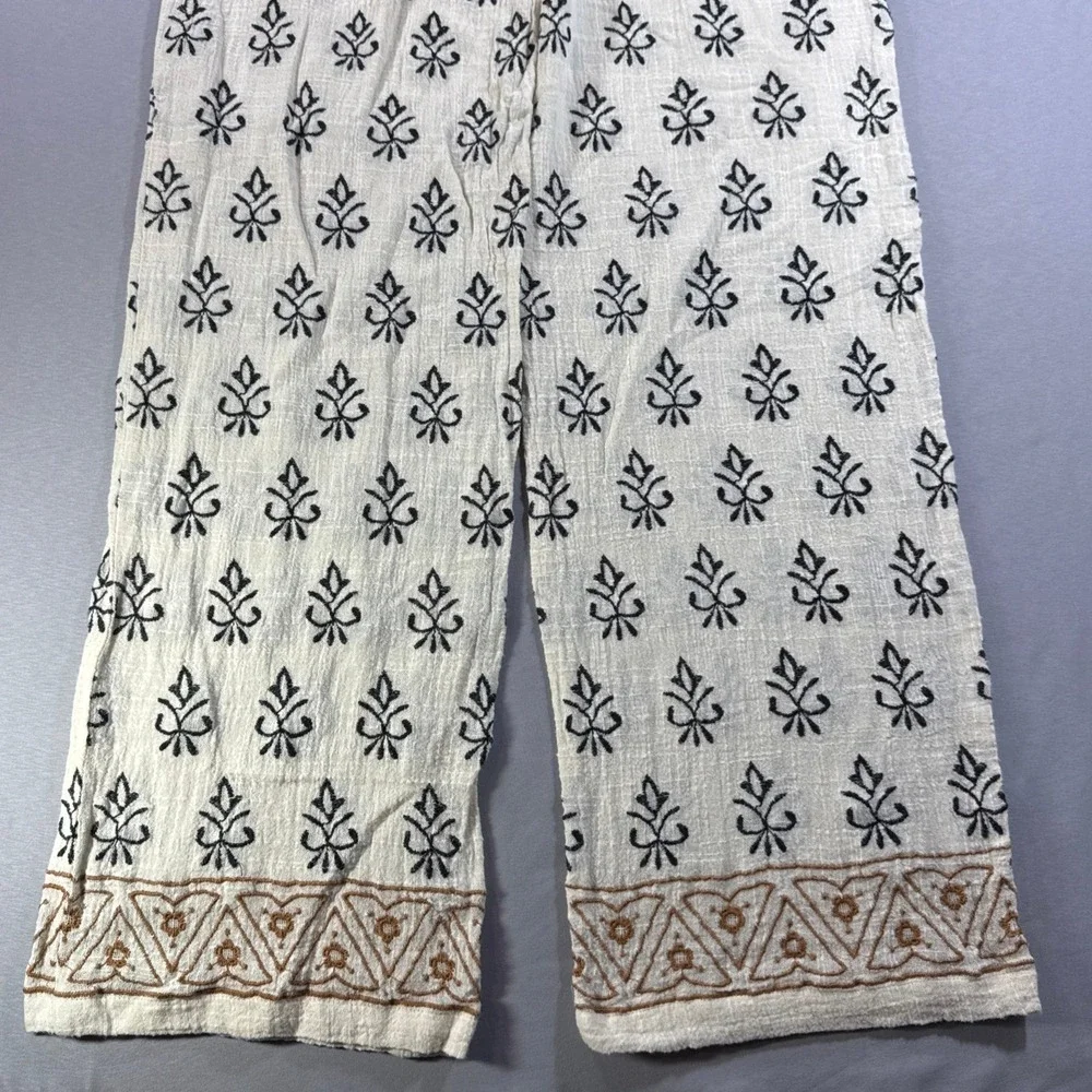 ZARA Women L Cotton Blend Wide Leg Boho Pants Embroidered Floral Cream Black L